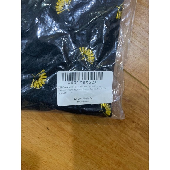 ZEROYAA Mens Extra Large Black Gold Fan Asia Print Button Down Slim Fit LS Dress - Picture 2 of 3